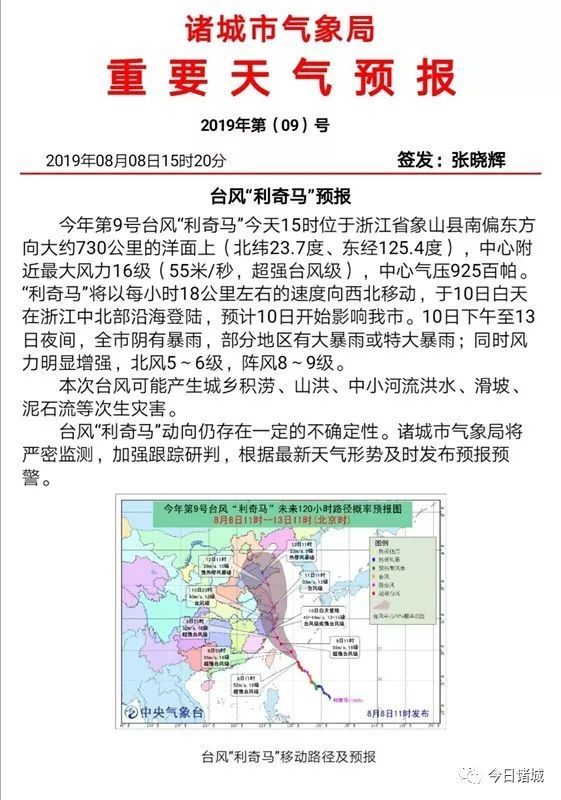 重要天气预报 台风 利奇马 预计明天起影响诸城 局部有特大暴雨