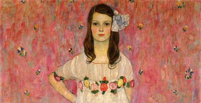 女孩人物油画:两个拿夹竹桃的女孩-克里姆特