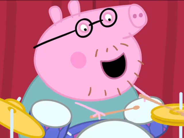 猪爸爸在快乐地演奏架子鼓,趣味卡通儿童简笔画