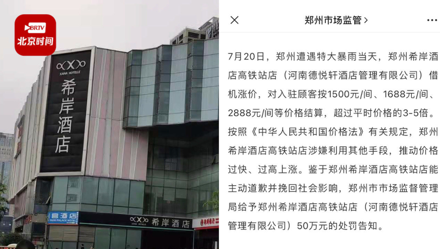 郑州希岸酒店高铁站店趁灾涨价超平时3-5倍 被罚50万元