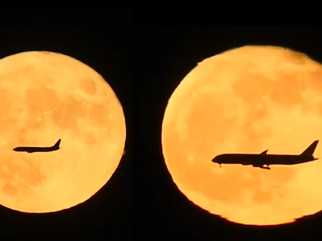记者中秋拍下月亮与飞机同框:巨大金色球体映衬 客机缓缓飞过
