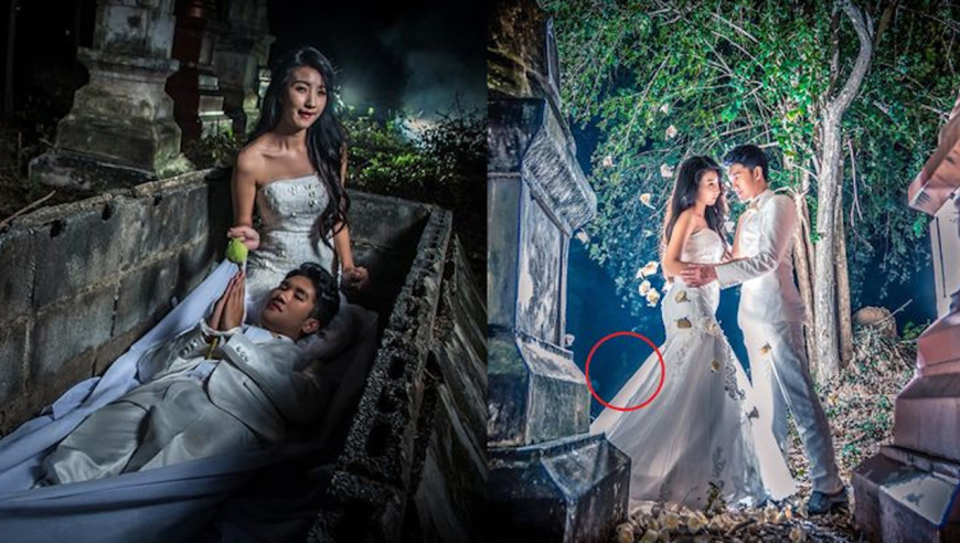新人大胆去墓地拍婚纱照,躺棺材甜蜜互动,网友一看背景不淡定了