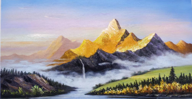 郝一至油画作品赏析《日照金山》图