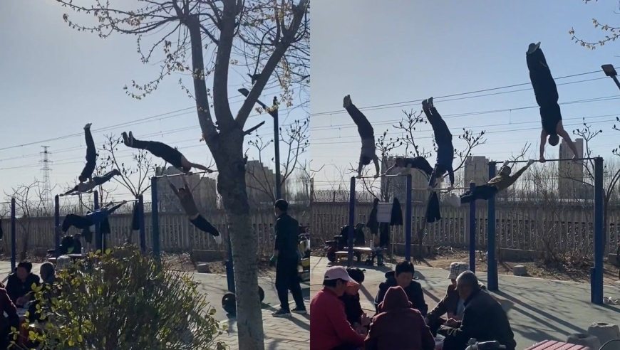 河北一公园惊现神秘组织,大爷组团花式耍单杠,网友:大爷不愧是大爷