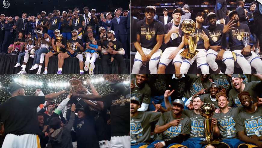 勇士八年四夺总冠军!四次捧杯精彩瞬间:荣耀时刻,金色血统