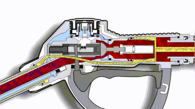 空腔中形成负压,平衡被打破 就会触动机关自动关闭 你会听到加油枪