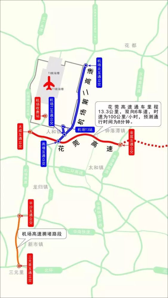 白云机场第二快速通道一花莞高速太成至金盆立交段开通!