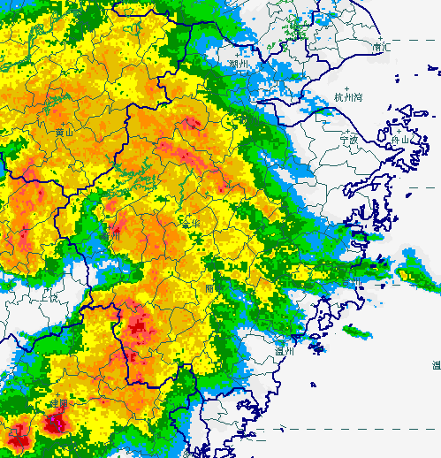 今日9时-11时雷达回波图截至今天上午11点半,浙江全省共发布大雾,雷电