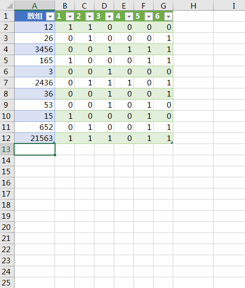 如何用 excel 二维表统计每一个数字是否在数组中出现?
