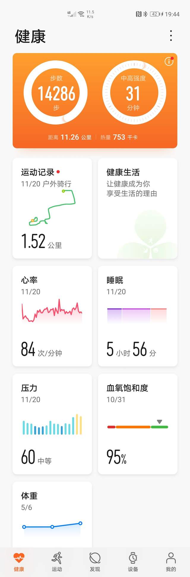详细的数据和专业报告可以通过华为运动健康app查看,里面包括有我今天