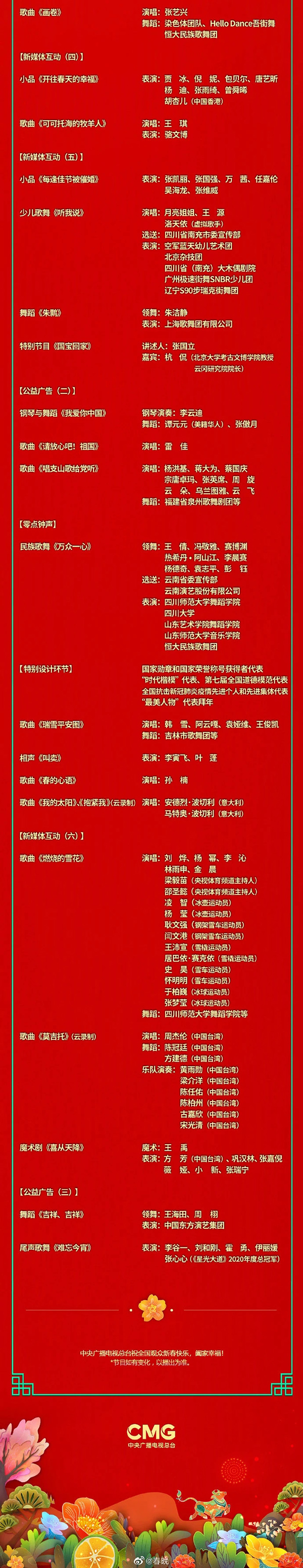 2021年央视春节联欢晚会节目单新鲜出炉