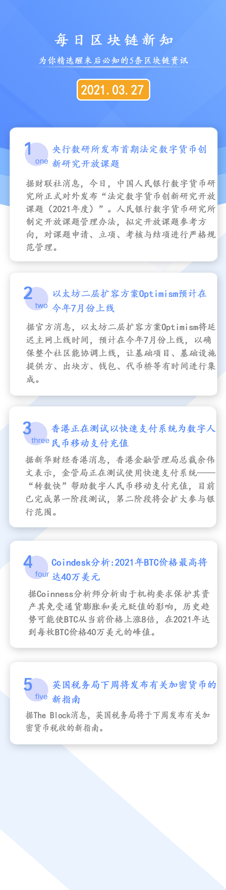 21年03月27日 区块链每日必知 央行数研所发布首期法定数字货币创新研究开放课题 腾讯新闻