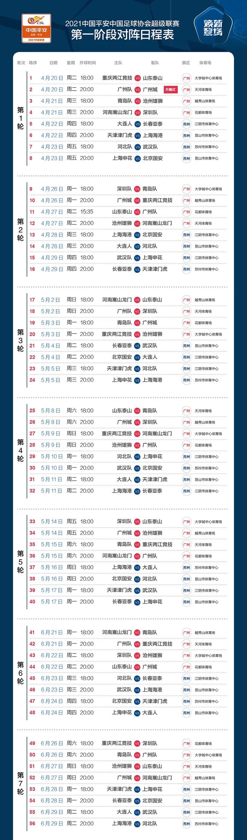 2021赛季中超赛程时间表