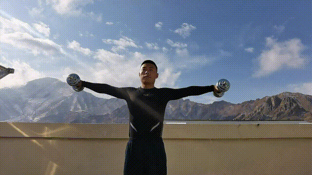 双手侧平举【动作要领】:身体直立,双手各持一只哑铃于身体两侧,掌心