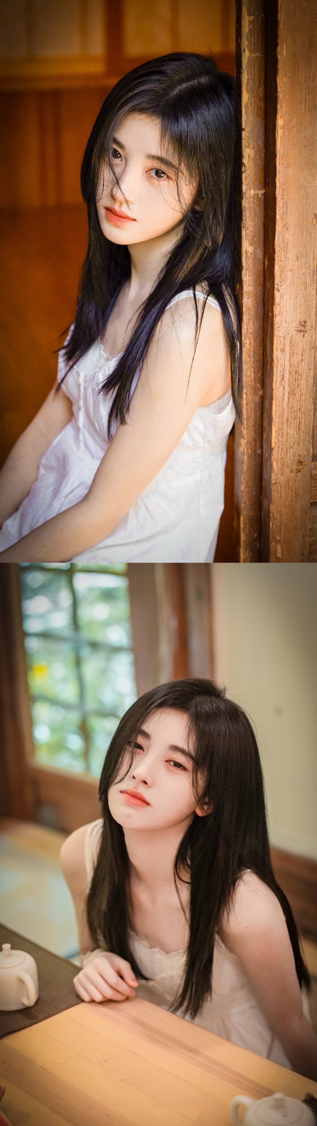 鞠婧祎初恋感写真绿树林间溪水潺潺邂逅一袭白裙的纯美女孩