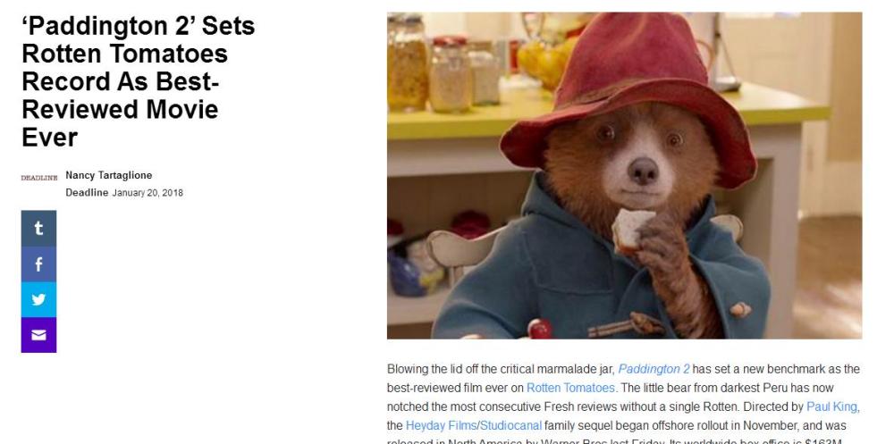 了不起的小熊 《帕丁顿熊2》成烂番茄评价最高电影