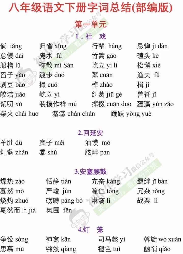 八年级语文下册各单元重点字词和词语解释