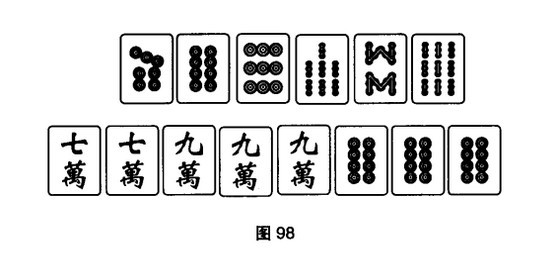 在麻将牌中有一种全小,全中,全大的打法,牌型如图97所示