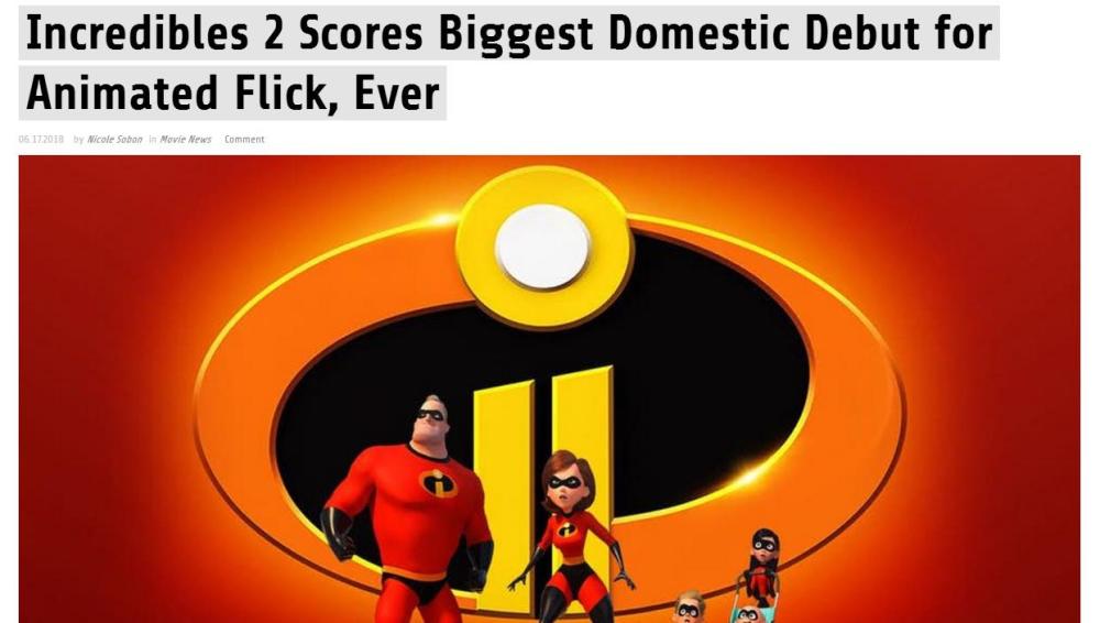 口碑炸裂 《超人总动员2》北美票房首周刷新动画电影纪录