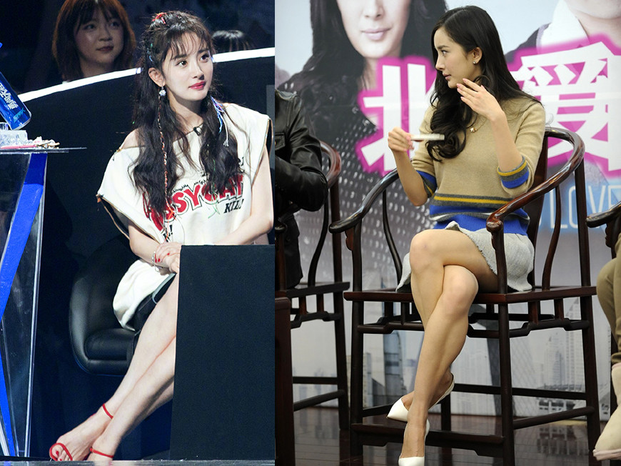 杨幂编彩色辫子,搭配皮裙少女感十足,麻花坐姿厉害了
