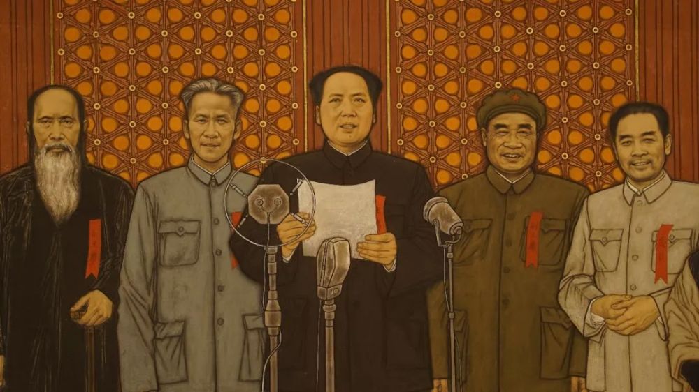 与此同时,唐勇力还吸收了敦煌壁画的装饰元素,在背景处理上有意做旧的