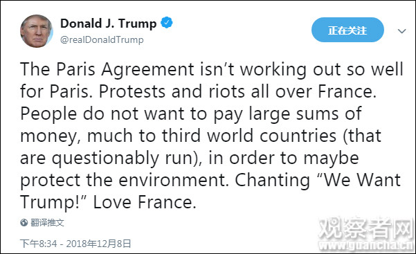 特朗普1天2推评论黄背心运动 法外长:不要干
