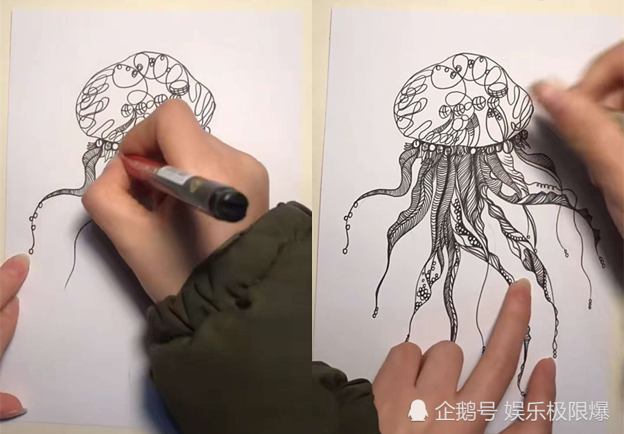 "超酷的"碳素笔画,当看到最后"猫头鹰"时,网友:不一般的6