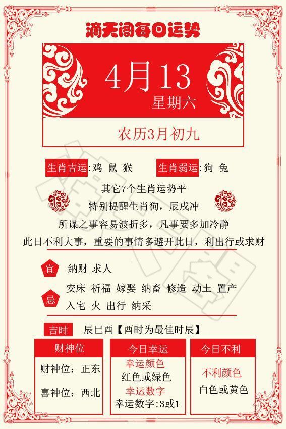 12生肖运势黄历4月13日 这些生肖快来接财运