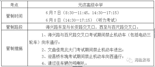 高考在即,海盐城区部分道路将临时封道,