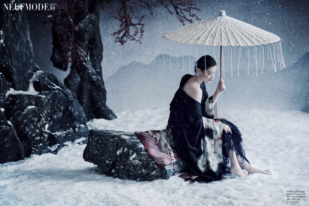 梅婷古典风格登封面,刺绣汉服傲雪独立,完美意境"梅景共良辰"