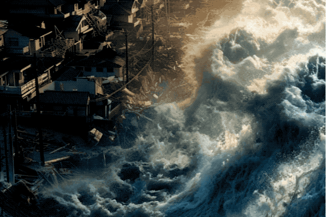 当海啸如同发飙的怪兽咆哮而来,整个村子瞬间被海水吞噬,犹如末日电影