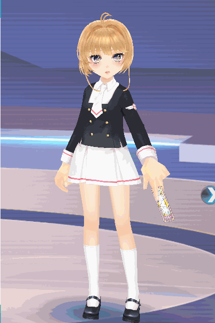 动作展示友枝中学的校园制服,合身的双排扣校服西装外套内搭白衬衫,既