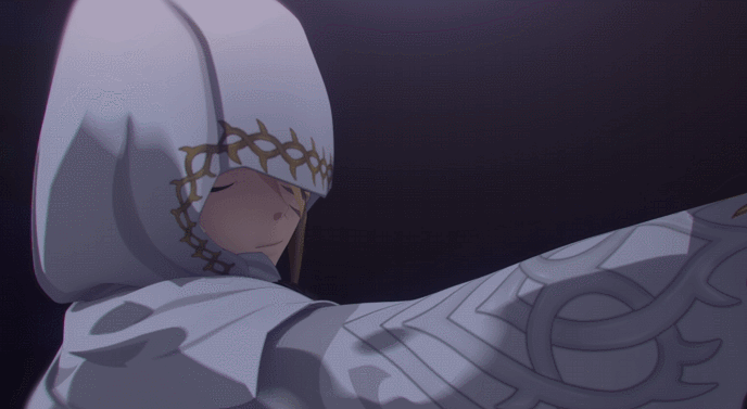 在cg中,角色的形象与行为经历了一系列转变:最初她应该是听命于教会