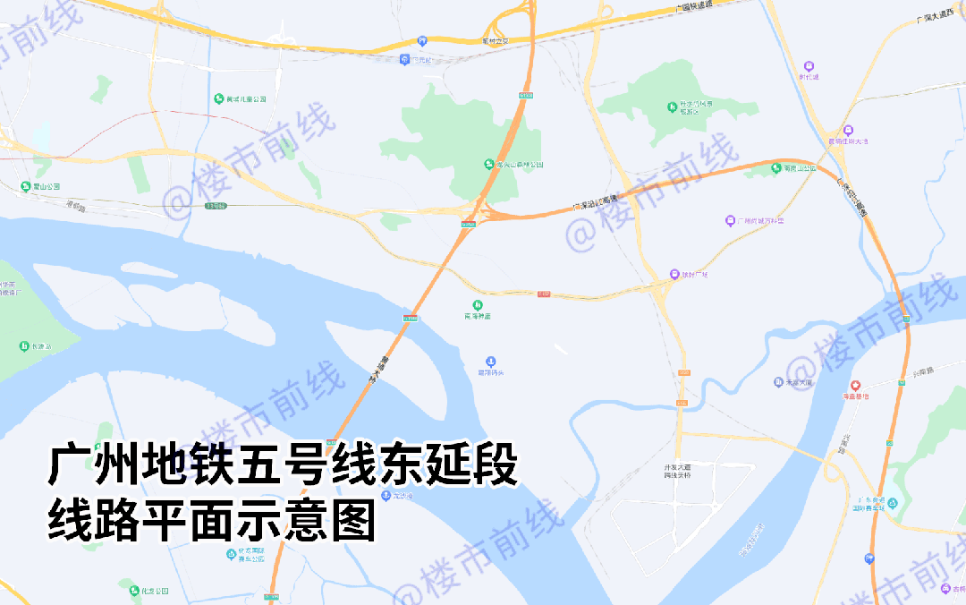 和现有5号线贯通后,从西面滘口一线直通东面黄埔新港,两边分别临近