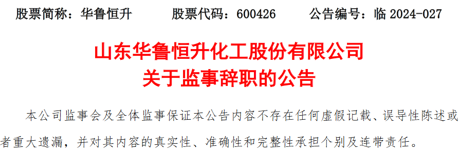 山东华鲁恒升化工股份有限公司监事杨志勇辞职_腾讯