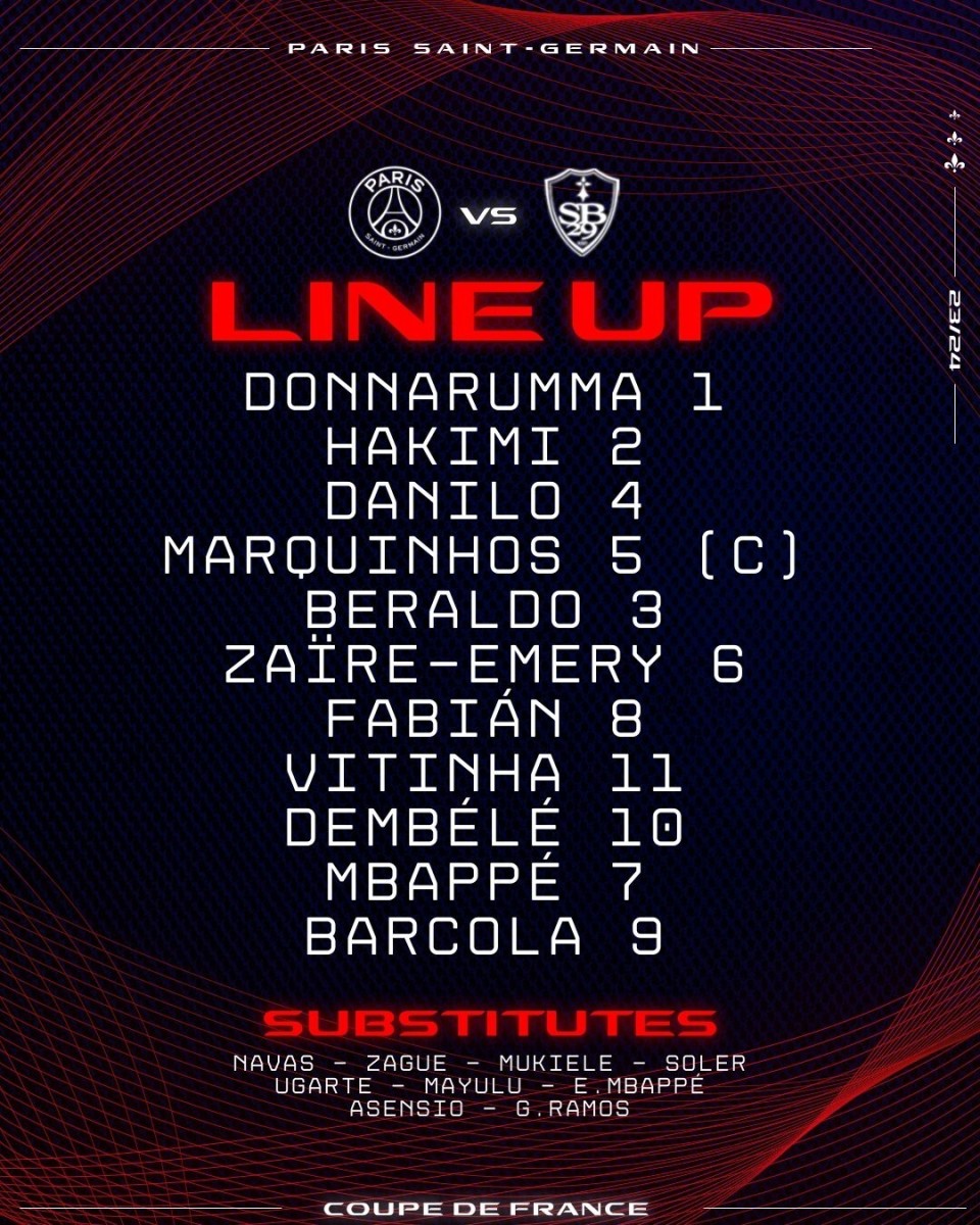 巴黎vs布雷斯特姆巴佩搭档登贝莱维蒂尼亚巴尔科拉首发