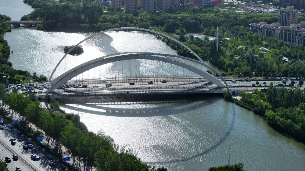 这是6月23日拍摄的位于宁夏银川市典农河上的凤凰桥(无人机照片).