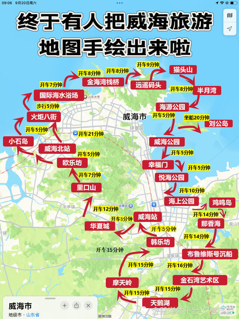 9-10月计划去威海旅行，景点手绘地图_腾讯新闻