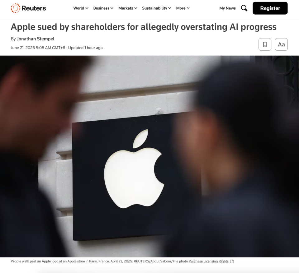 苹果遭股东集体起诉：Apple Intelligence未落地导致股价下挫-腾讯新闻