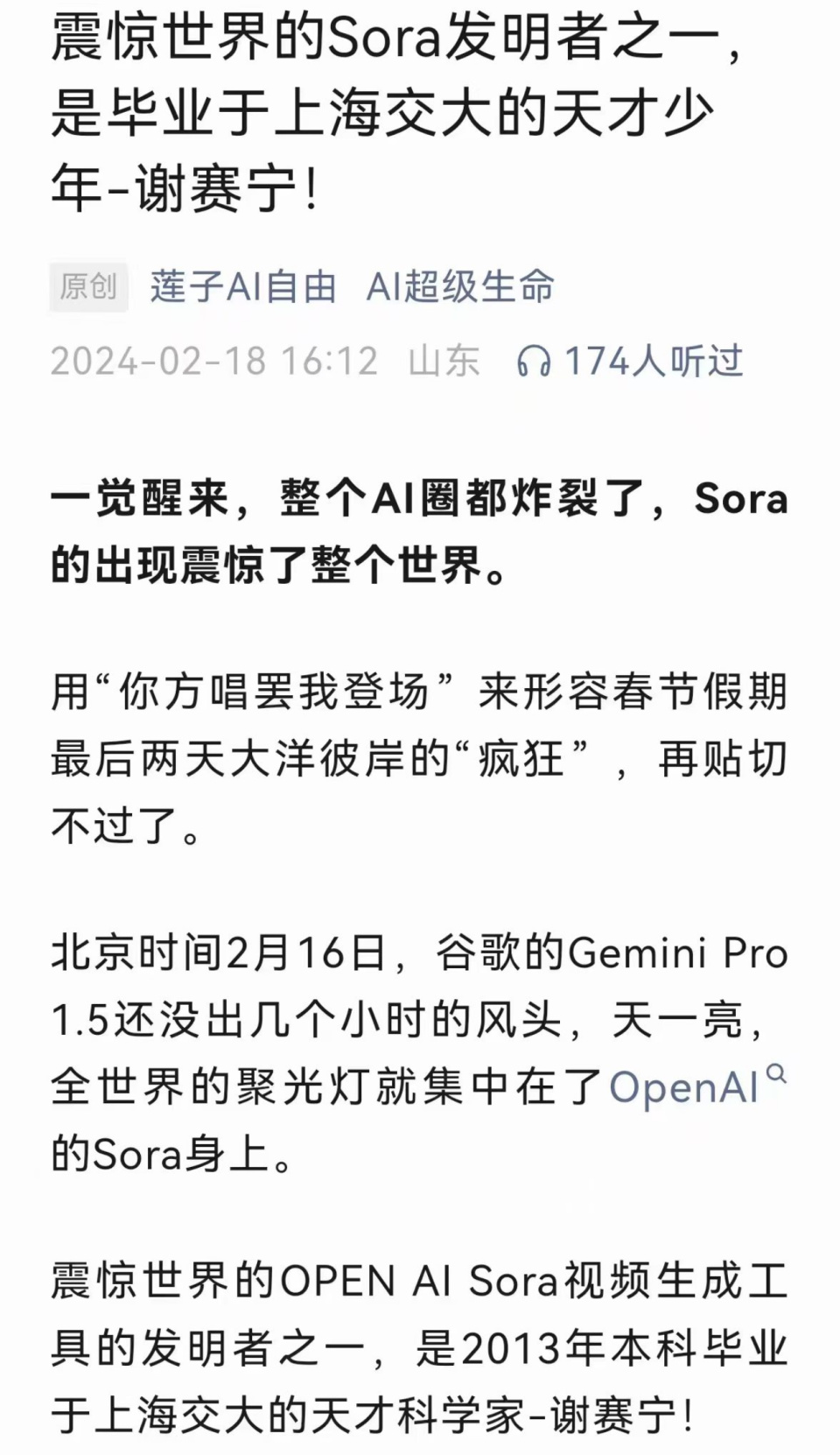 谢赛宁否认系Sora发明人之一：一点关系都没有_腾讯新闻