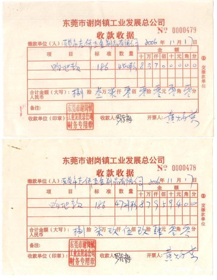 公司开具的171万元土地使用费用收据(收据的项目内容写为购地款)