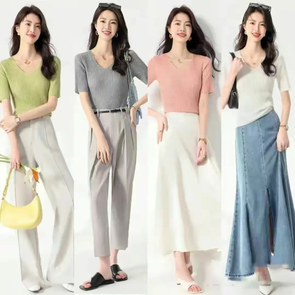 分别是浅绿色针织短袖,粉色,灰色,白色等,这样的衣服颜色搭配让你显白