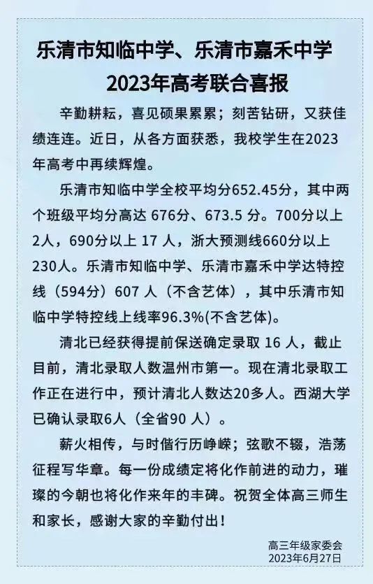 乐清知临中学好牛!清北已确定录取16人