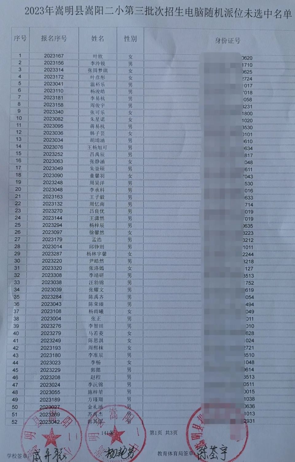 嵩阳二小2023年第三批次招生电脑随机派位结果公告