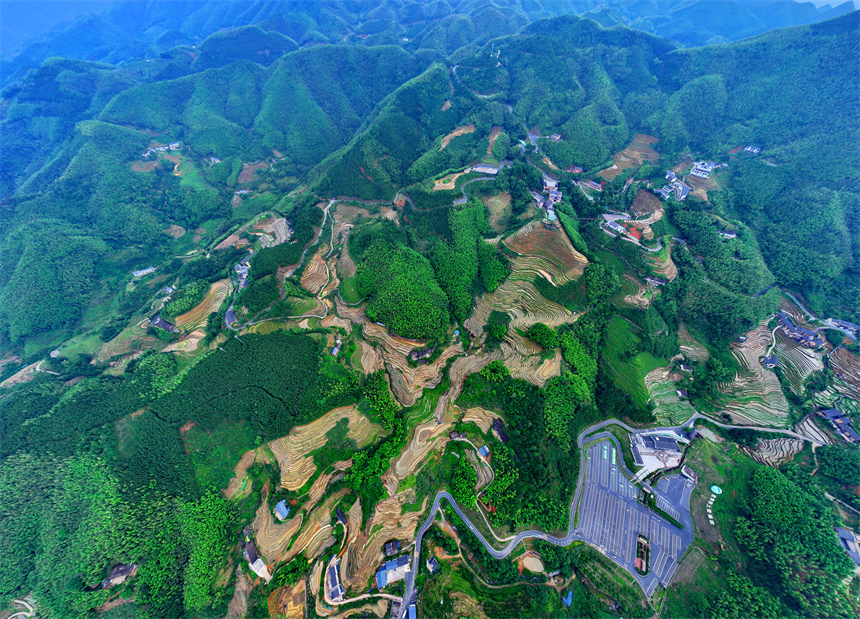 赣州市崇义县上堡乡,层层叠叠的梯田与森林,民宿,公路相互映衬,夏日