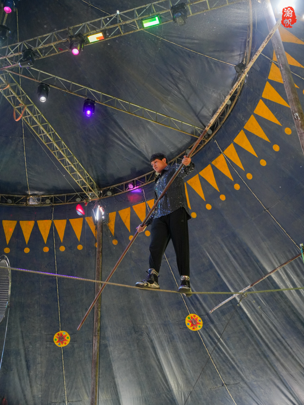 发现公园的马戏大棚正在表演,自然不能错过,只见高空走钢丝的演员在离