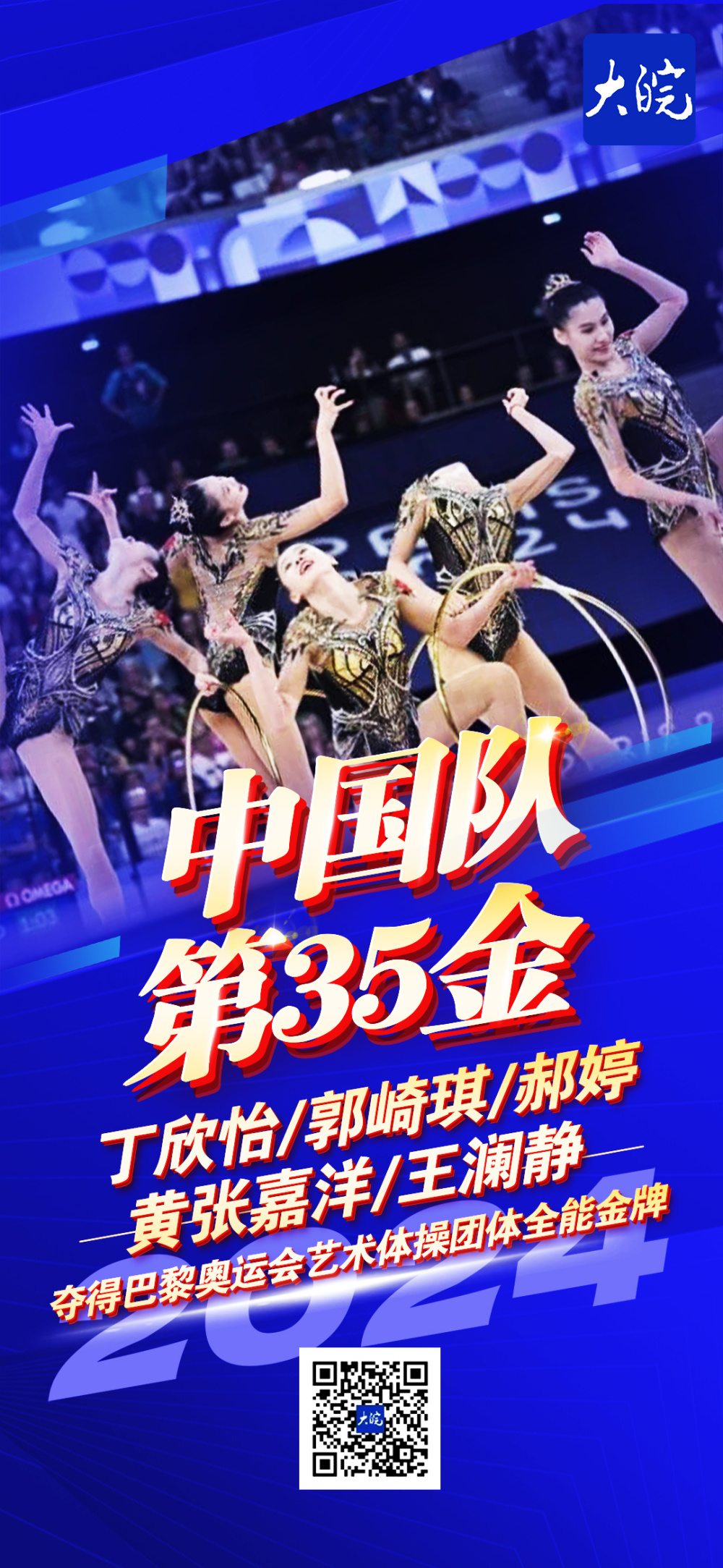 海报丨中国队第35金——丁欣怡、郭崎琪、郝婷、黄张嘉洋、王澜静夺得巴黎奥运会艺术体操团体全能金牌_腾讯新闻