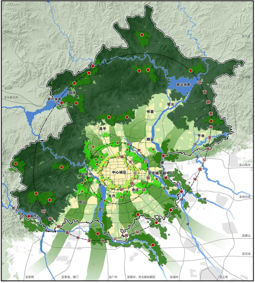 经过两轮百万亩造林绿化建设,北京城市总规确定的"一屏,三环,五河,九