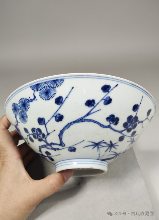 清康熙 仿宣德青花岁寒三友图斗笠大碗