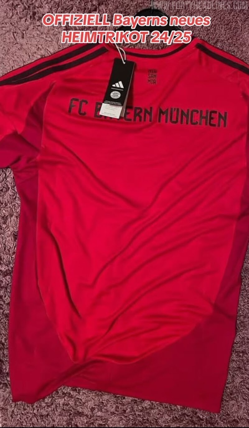 拜仁24-25赛季主场球衣谍照:深浅红色条纹搭配,无白色